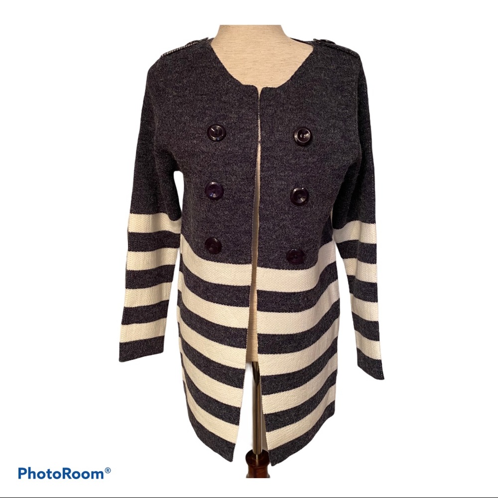 KEREN HART NEW SWEATER CARDIGAN BLUE WHITE STRIPE COLOR BLOCK OPEN FRONT SIZE S